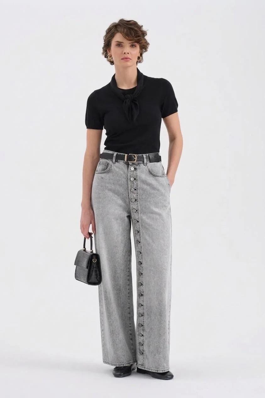 Vintage Button-Front Washed Wide Leg Jeans - Image 4