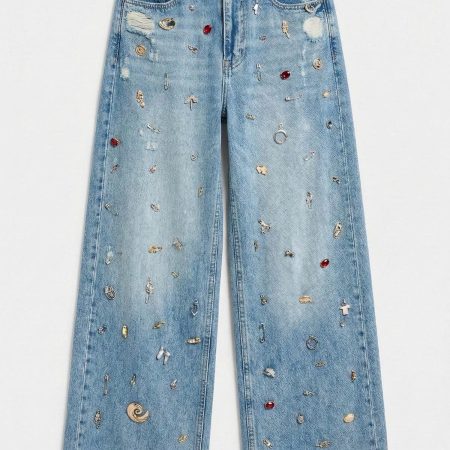 Whimsical Charm Embellished Wide Leg Jeans