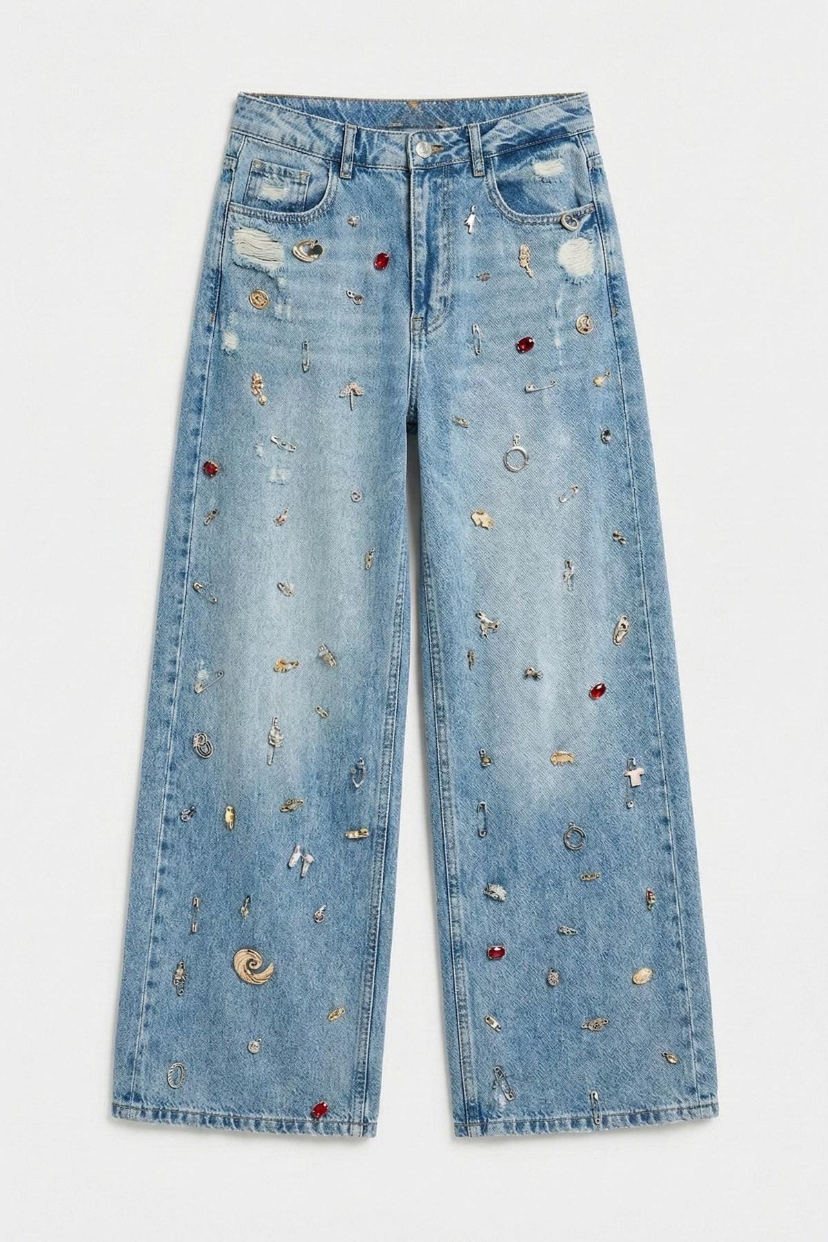 Whimsical Charm Embellished Wide Leg Jeans