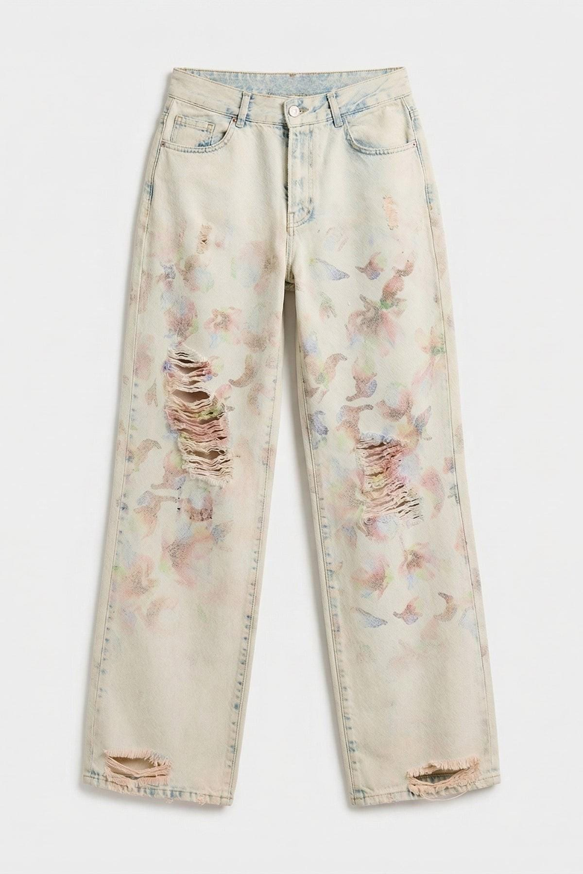 Pastel Watercolor Distressed Wide Leg Jeans - Image 4