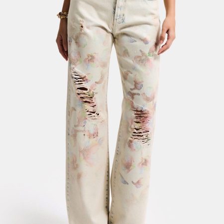 Pastel Watercolor Distressed Wide Leg Jeans