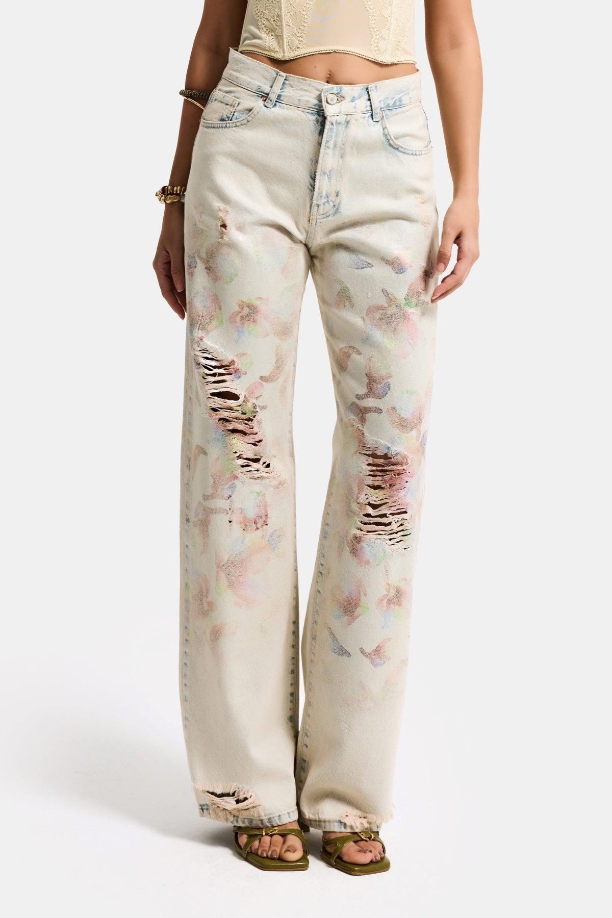 Pastel Watercolor Distressed Wide Leg Jeans