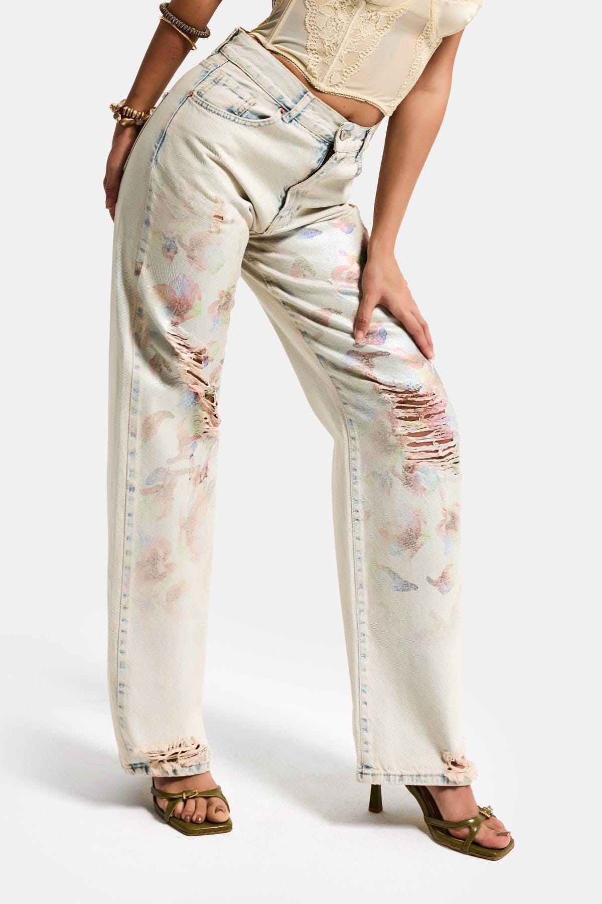 Pastel Watercolor Distressed Wide Leg Jeans - Image 2