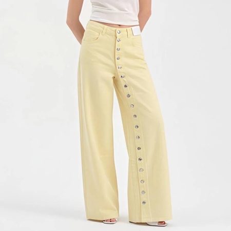 Pastel Yellow Button-Front Wide Leg Jeans