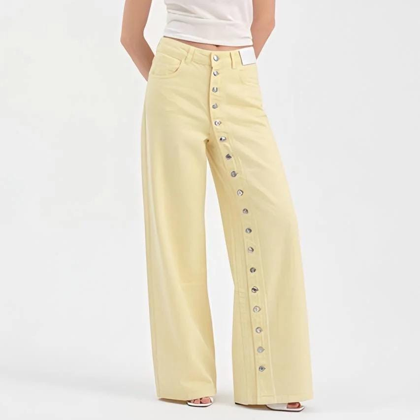 Pastel Yellow Button-Front Wide Leg Jeans