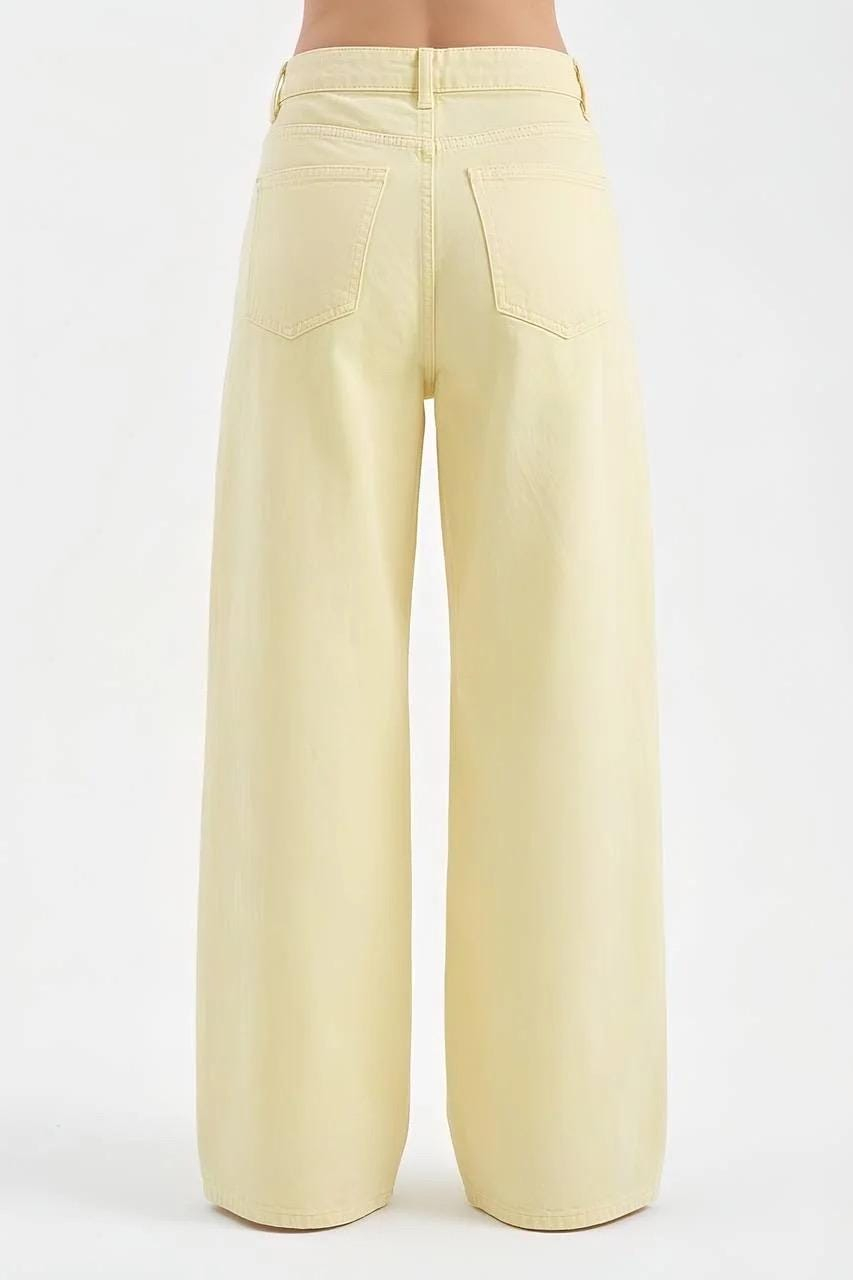 Pastel Yellow Button-Front Wide Leg Jeans - Image 4