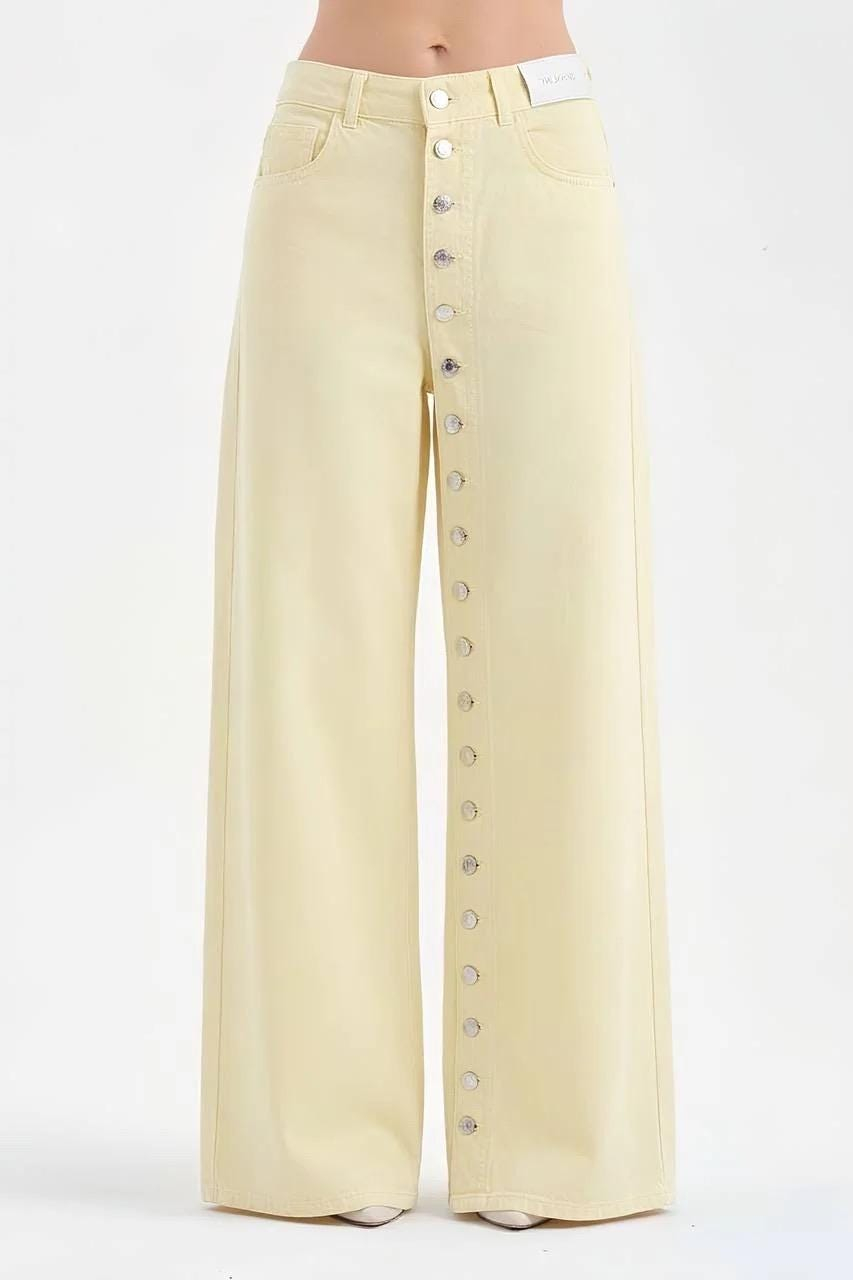 Pastel Yellow Button-Front Wide Leg Jeans - Image 3
