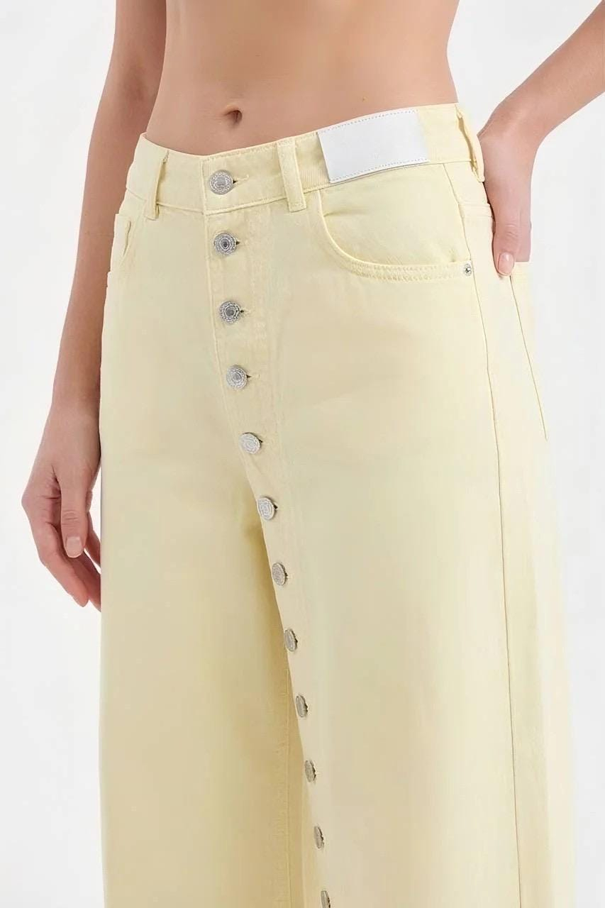 Pastel Yellow Button-Front Wide Leg Jeans - Image 2