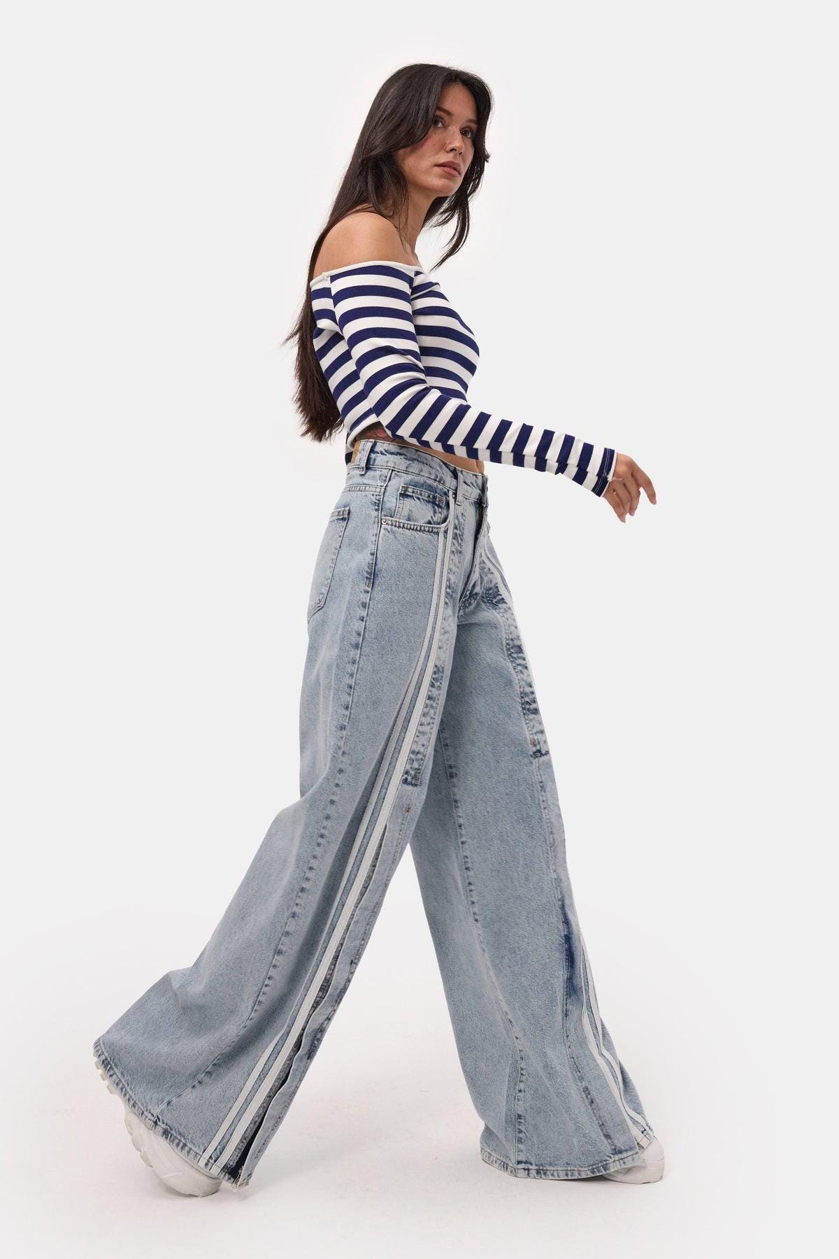 Vintage Contrast Stripe Wide Leg Jeans - Image 3