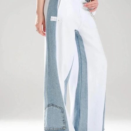 Two Tone Contrast Panel Wide Leg Jeans
