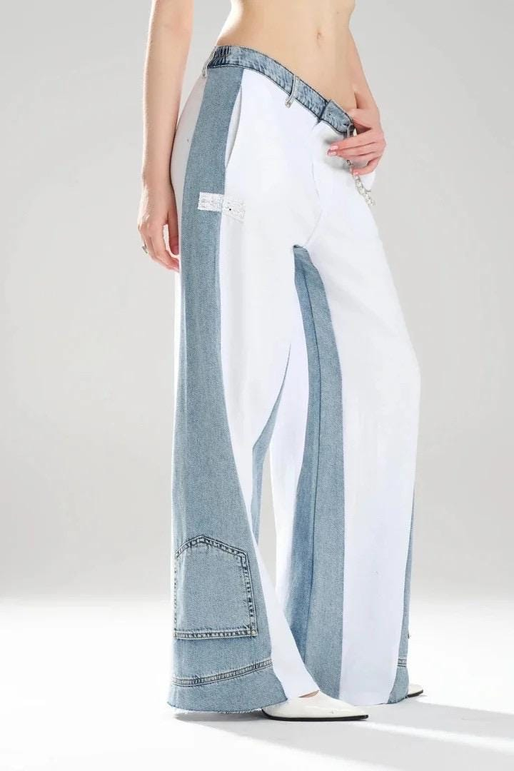 Two Tone Contrast Panel Wide Leg Jeans