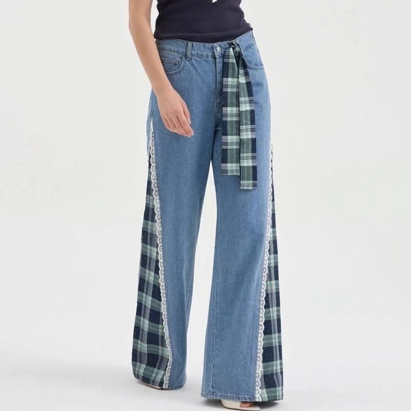 Plaid Lace Panel Tie-Waist Wide Leg Jeans