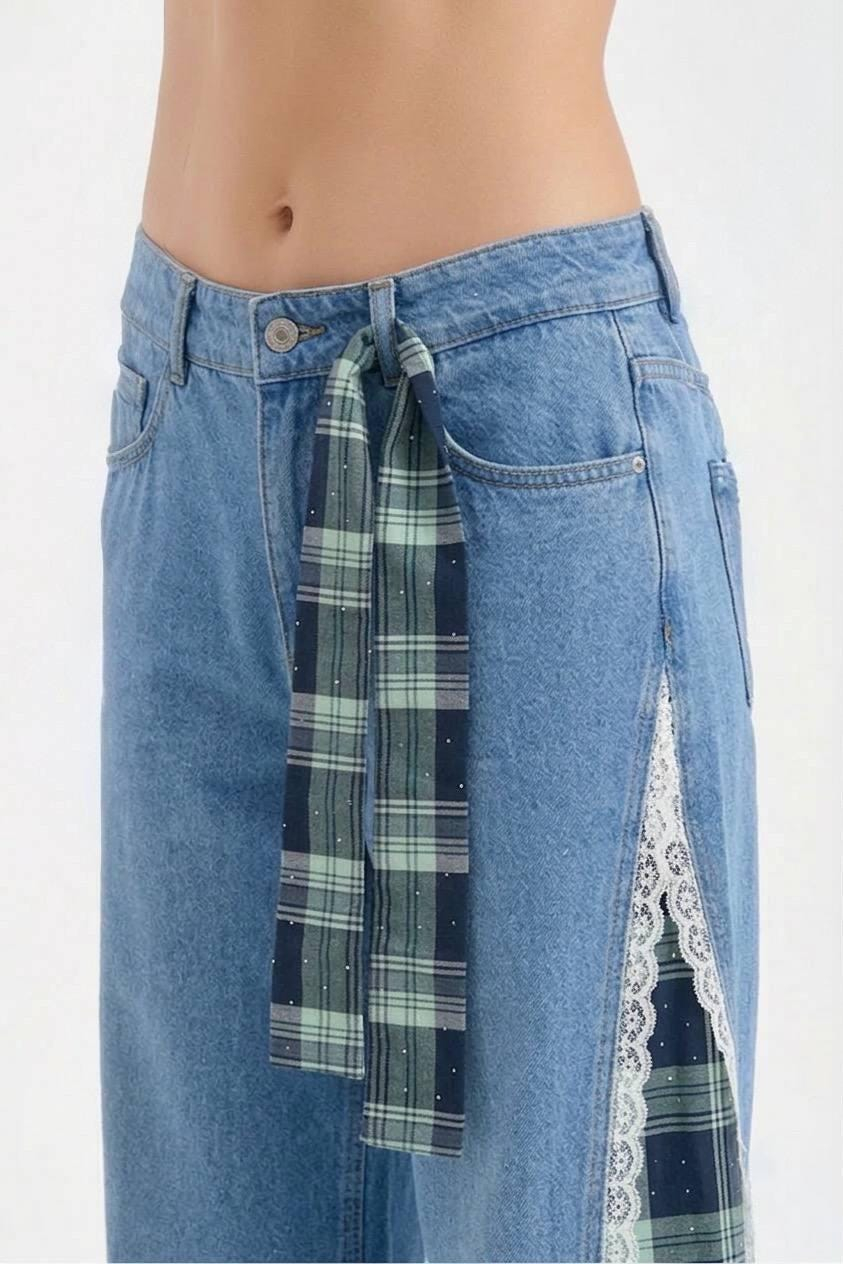Plaid Lace Panel Tie-Waist Wide Leg Jeans - Image 2
