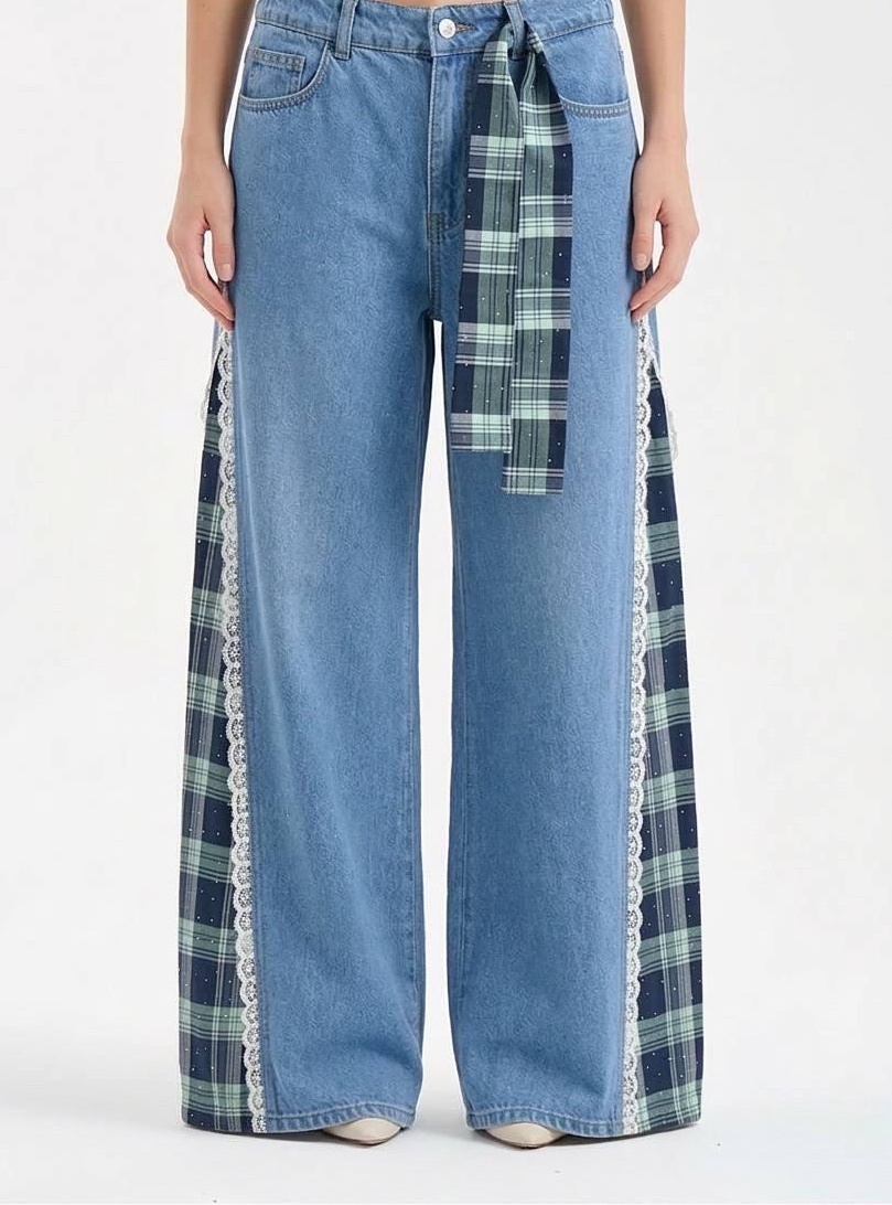 Plaid Lace Panel Tie-Waist Wide Leg Jeans - Image 3