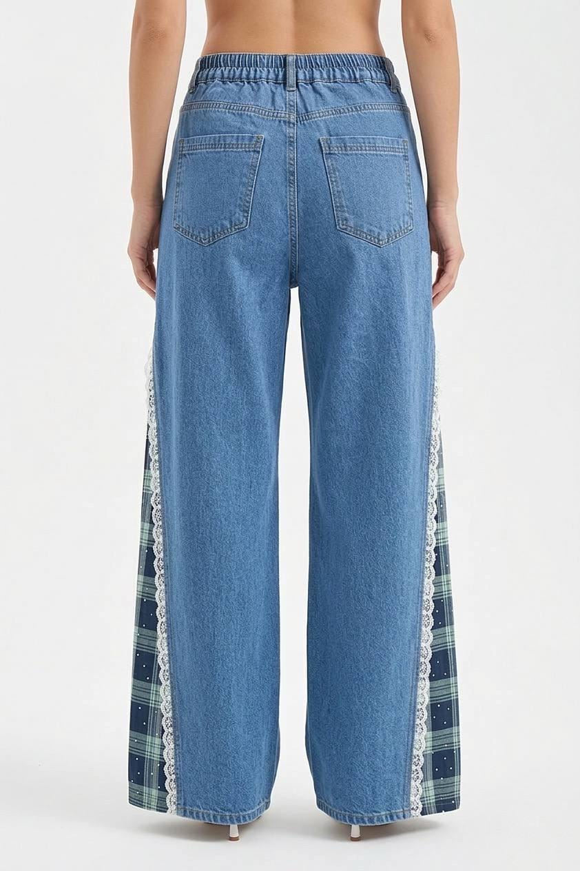 Plaid Lace Panel Tie-Waist Wide Leg Jeans - Image 4
