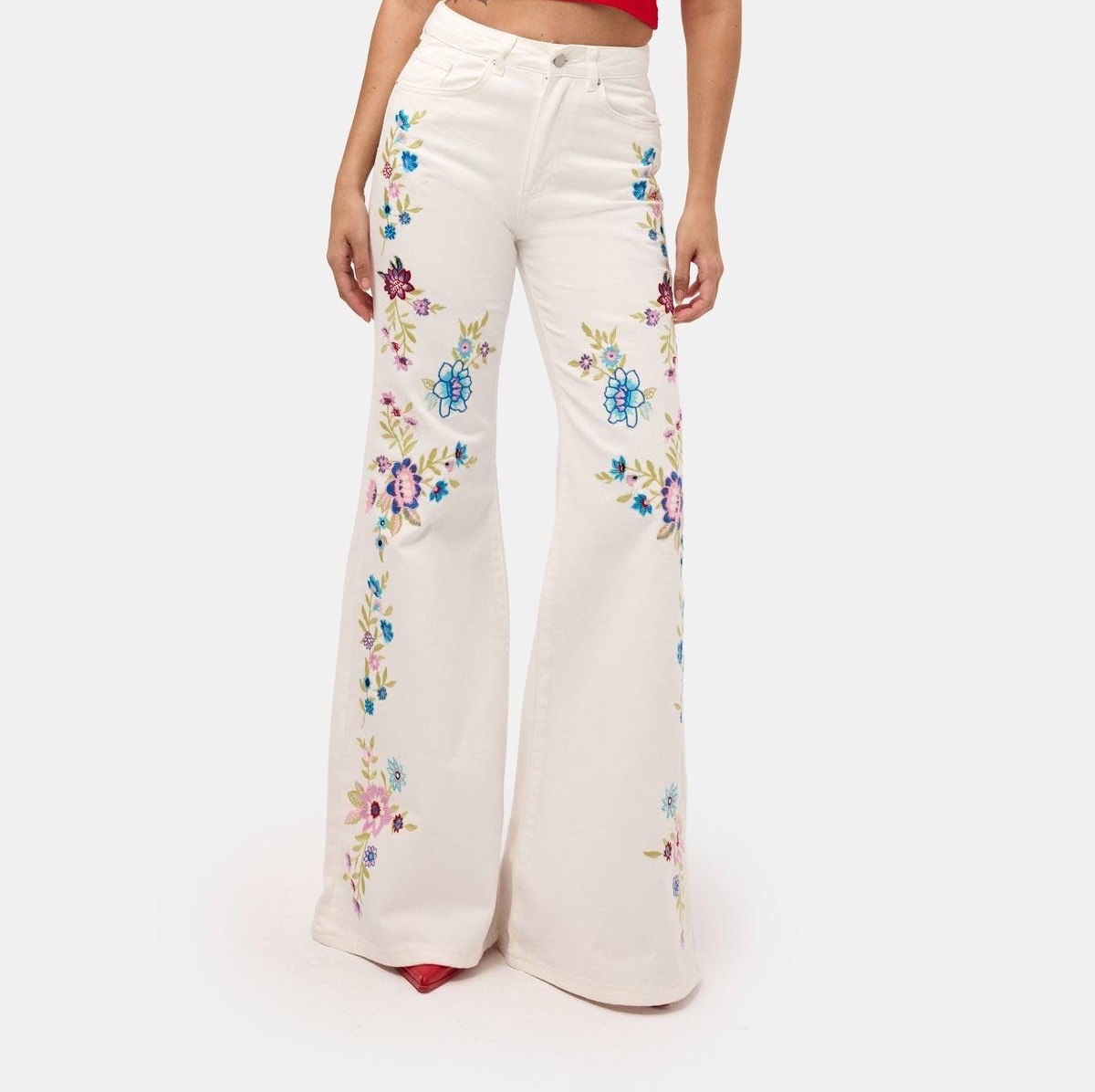 Romantic Floral Embroidered Wide Leg Jeans