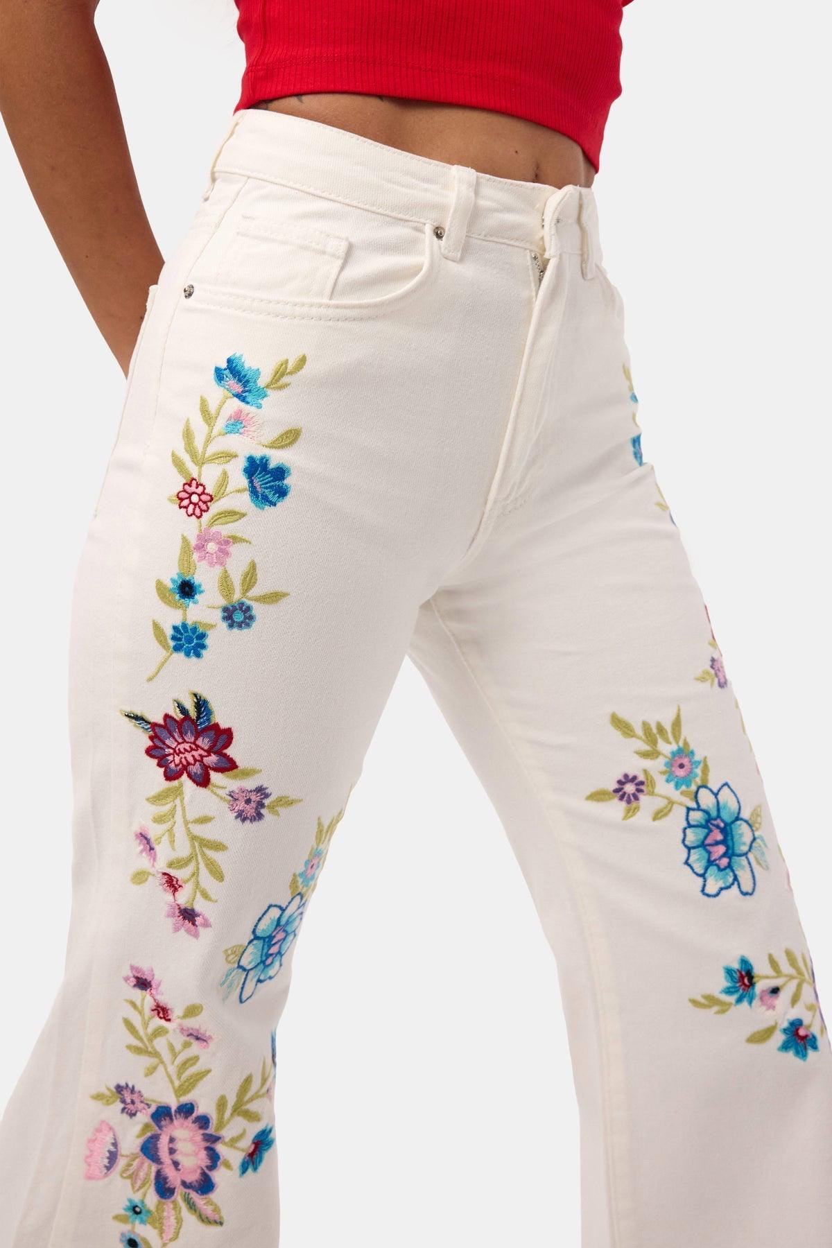 Romantic Floral Embroidered Wide Leg Jeans - Image 2