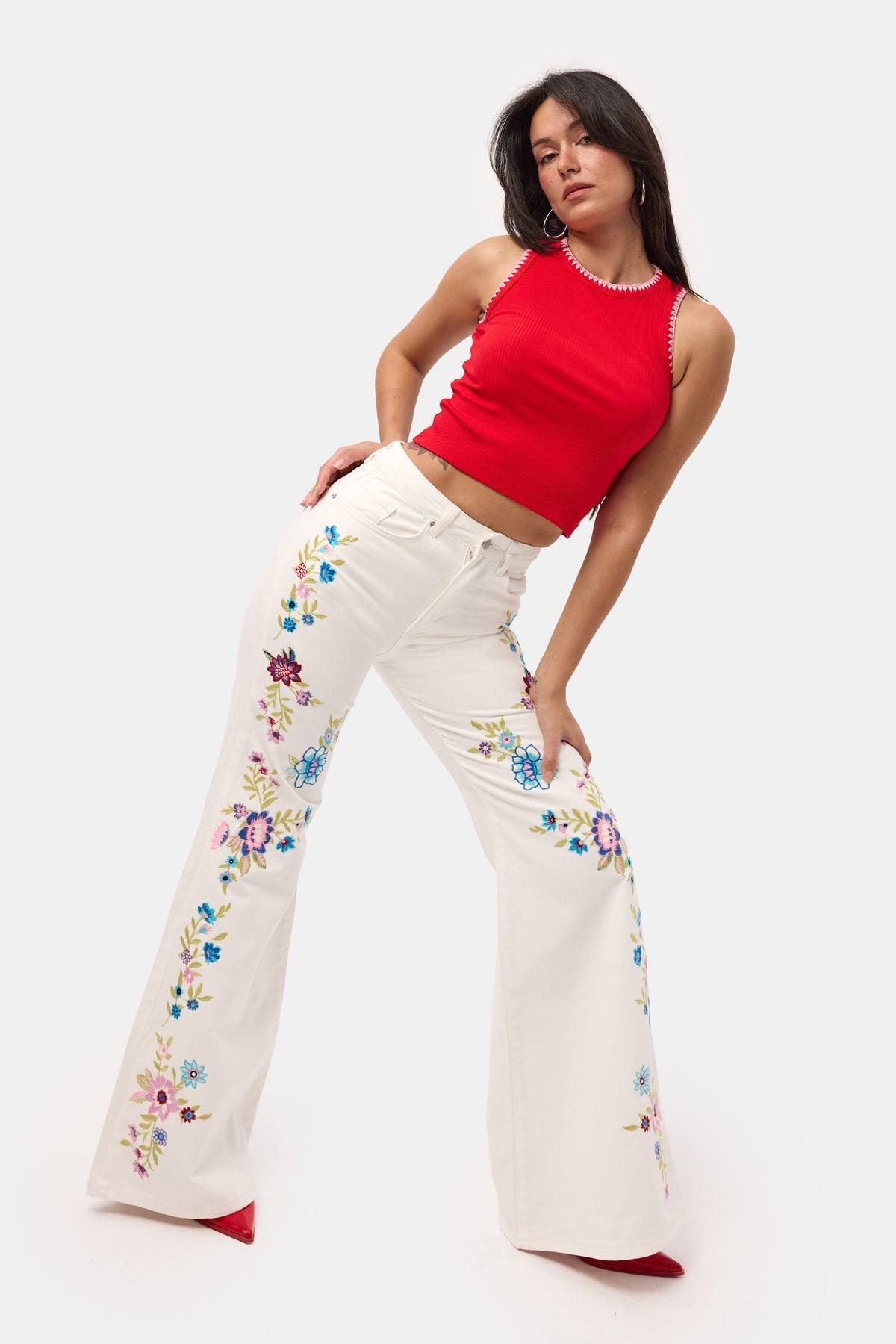 Romantic Floral Embroidered Wide Leg Jeans - Image 3