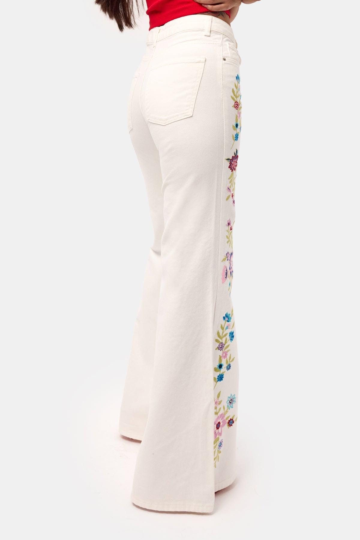 Romantic Floral Embroidered Wide Leg Jeans - Image 4