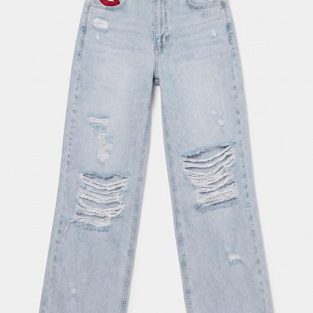 Vintage Red Lips Distressed Wide Leg Jeans