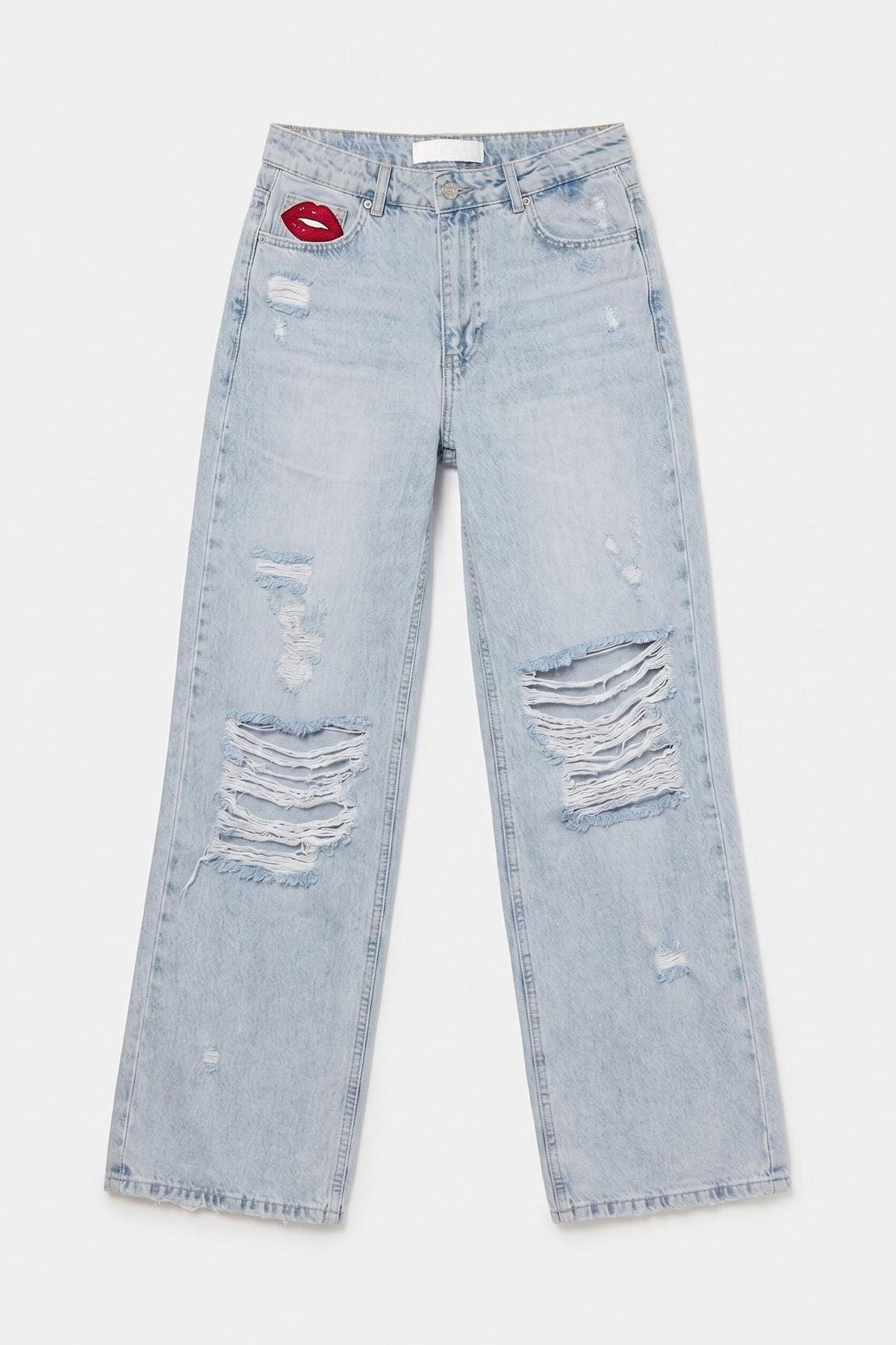 Vintage Red Lips Distressed Wide Leg Jeans