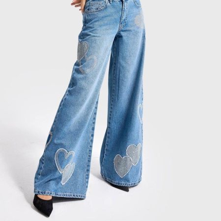 Glitter Heart Patch Wide Leg Jeans