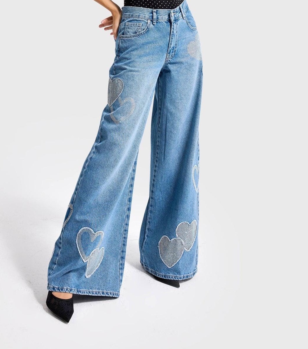Glitter Heart Patch Wide Leg Jeans