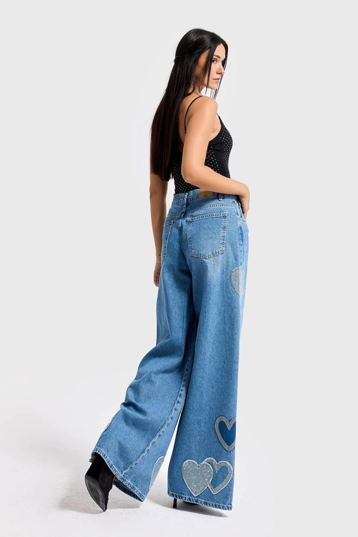 Glitter Heart Patch Wide Leg Jeans - Image 4