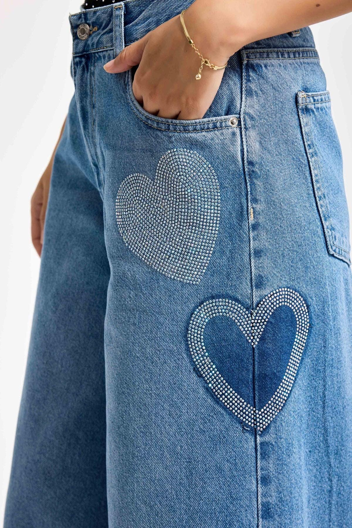 Glitter Heart Patch Wide Leg Jeans - Image 3