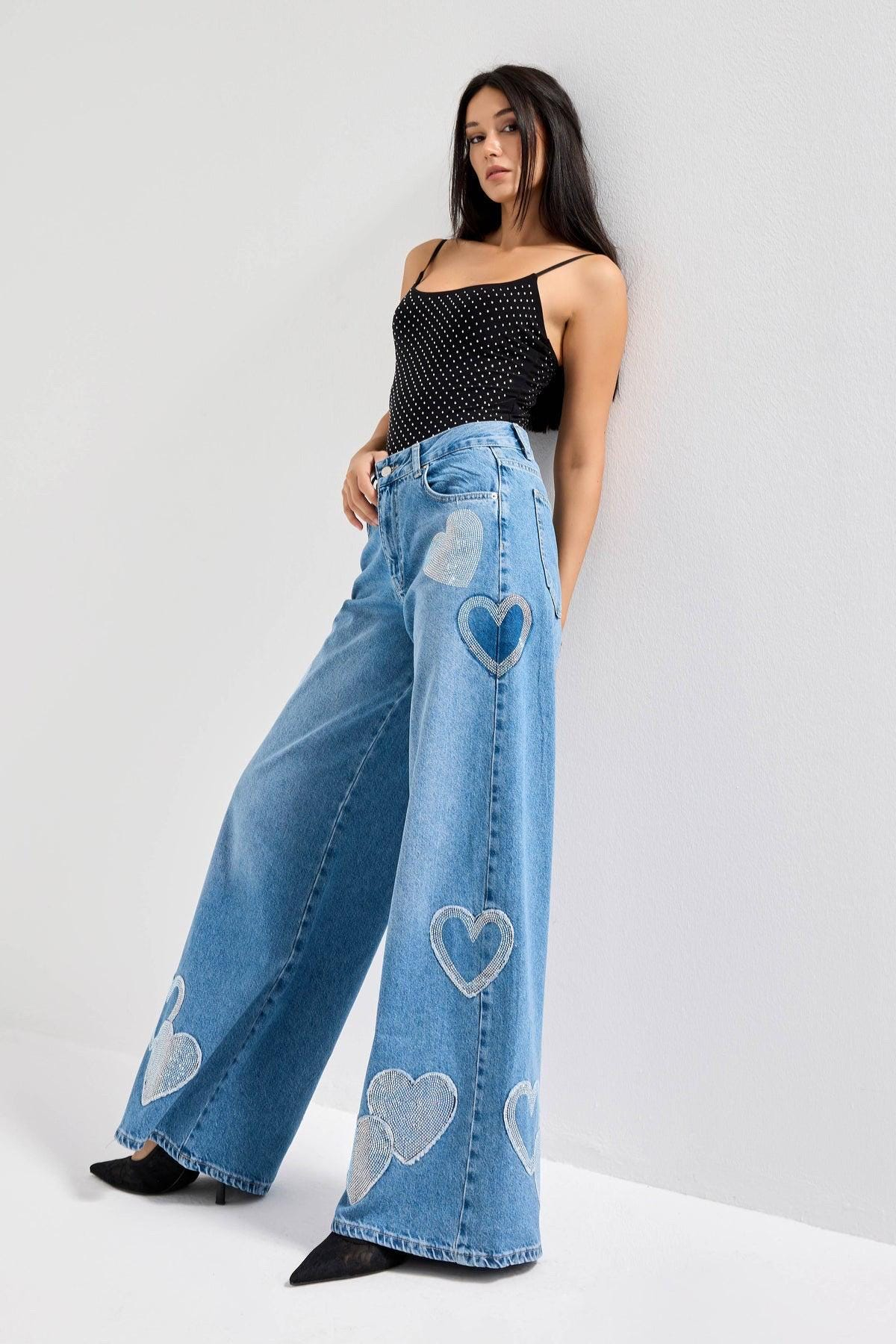 Glitter Heart Patch Wide Leg Jeans - Image 2