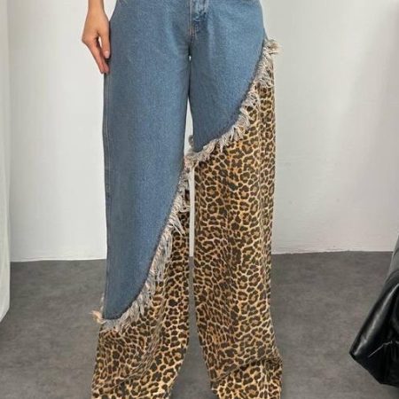 Leopard Patchwork Frayed Wide Leg Jeans
