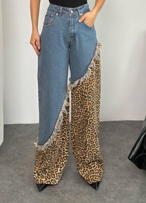 Leopard Patchwork Frayed Wide Leg Jeans