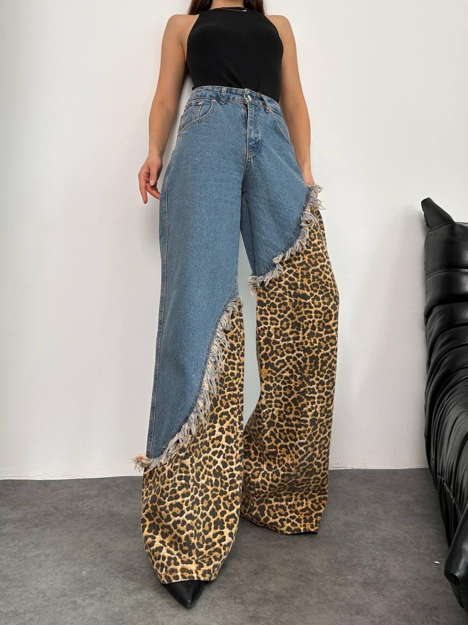 Leopard Patchwork Frayed Wide Leg Jeans - Image 2
