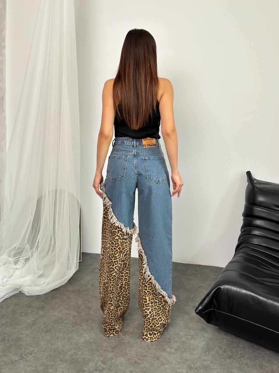 Leopard Patchwork Frayed Wide Leg Jeans - Image 3
