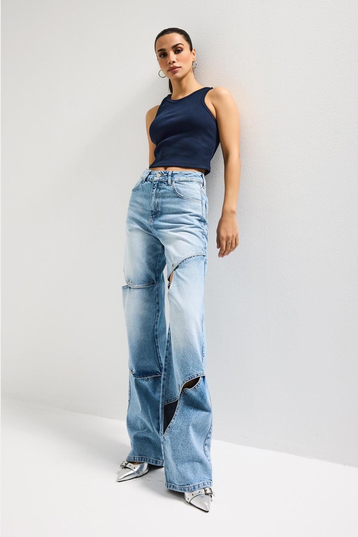Deconstructed Curved Panel Wide Leg Jeans - Image 2