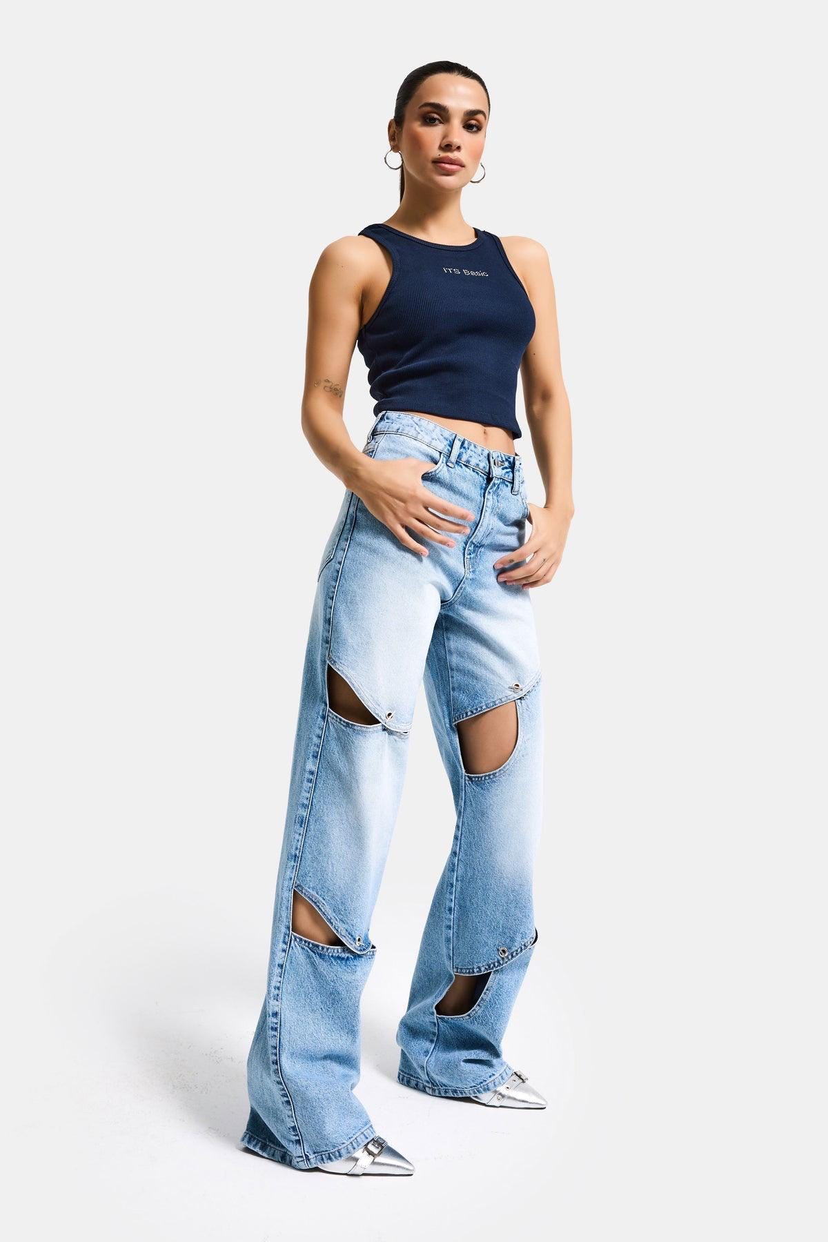Deconstructed Curved Panel Wide Leg Jeans - Image 5