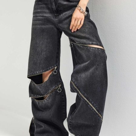 Deconstructed Zip Cutout Wide Leg Jeans