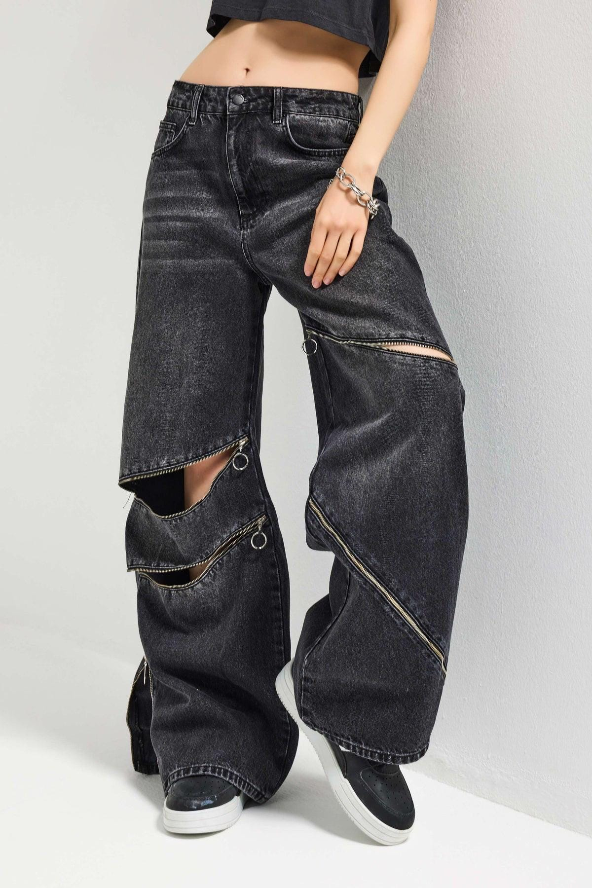 Deconstructed Zip Cutout Wide Leg Jeans