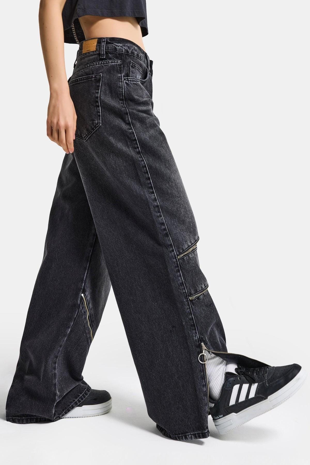 Deconstructed Zip Cutout Wide Leg Jeans - Image 4