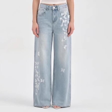 Dreamy Butterfly Motif Wide Leg Jeans