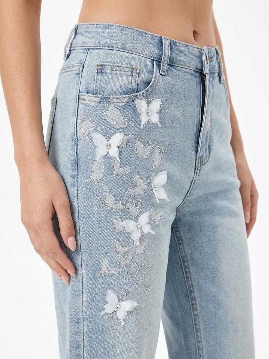 Dreamy Butterfly Motif Wide Leg Jeans - Image 2