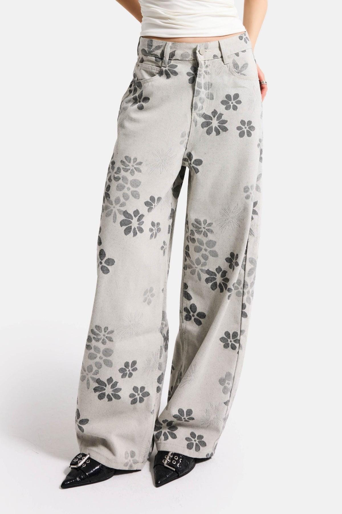 Vintage Floral Print Wide Leg Jeans