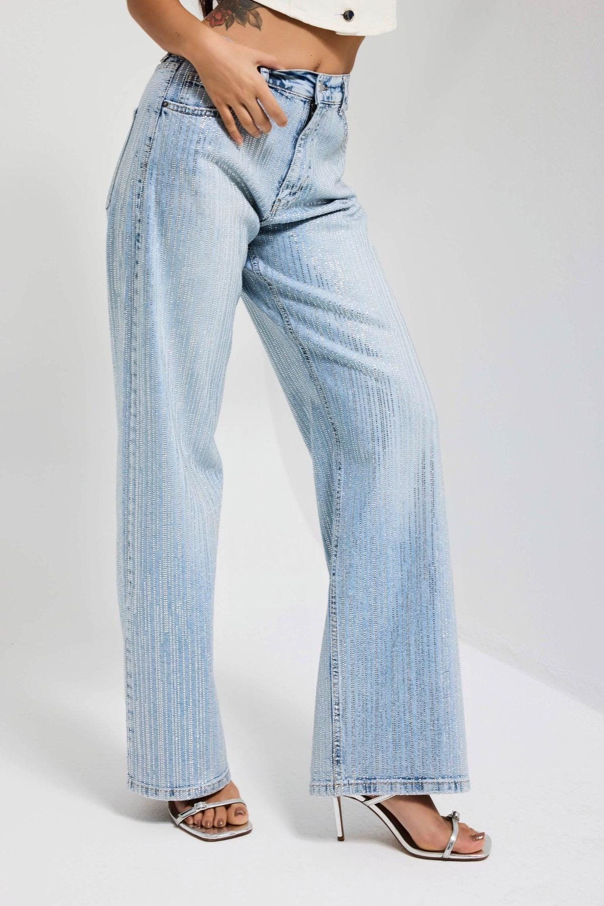 Vintage Pinstripe Crossover Waist Wide Leg Jeans - Image 2