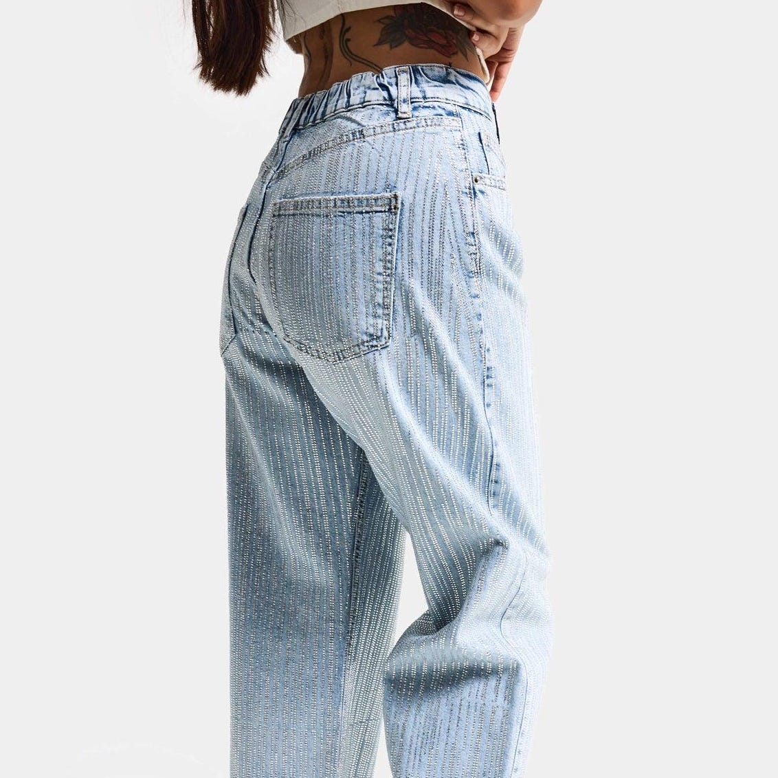Vintage Pinstripe Crossover Waist Wide Leg Jeans - Image 4