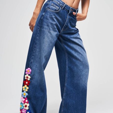 Colorful Floral Appliqué Wide Leg Jeans