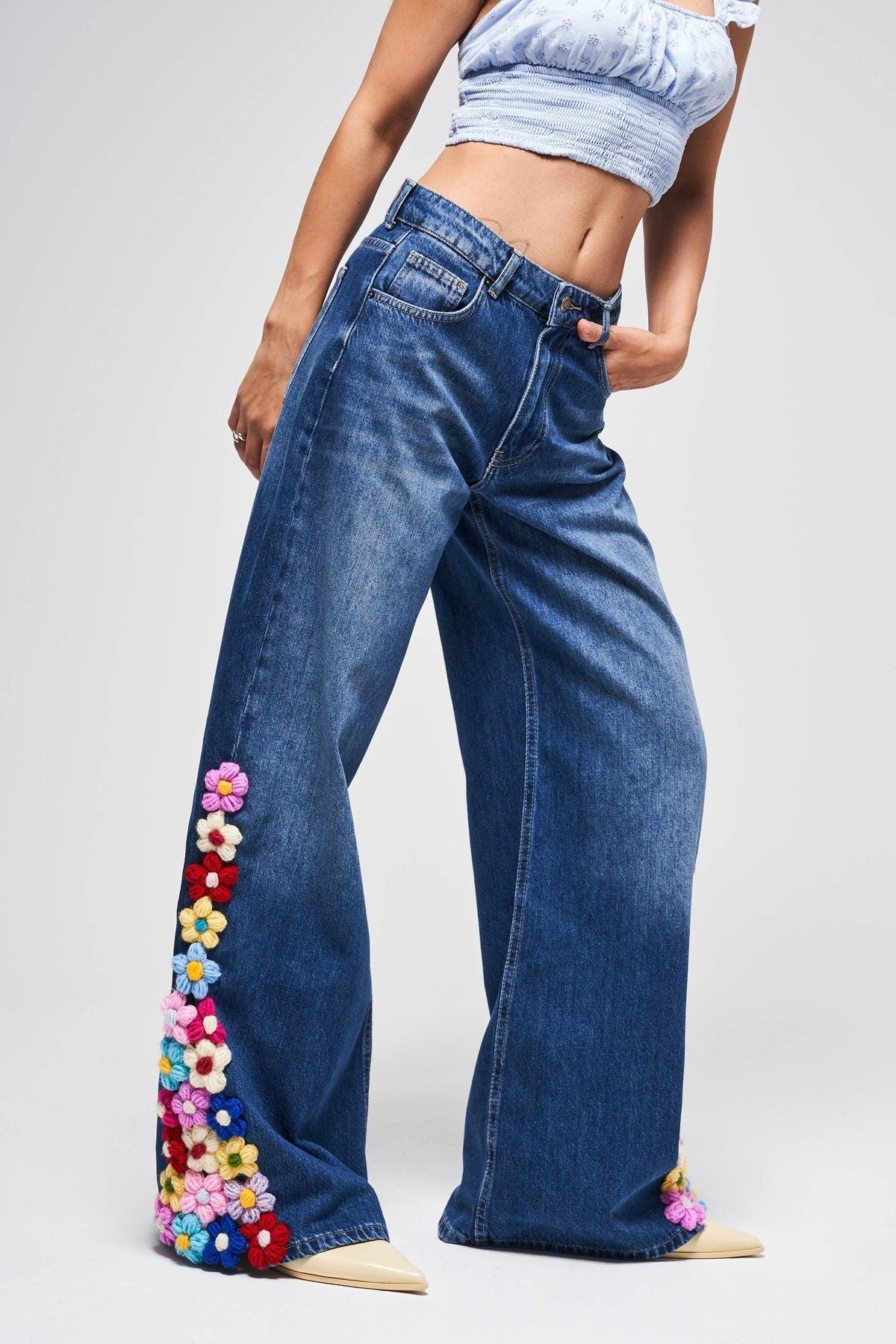 Colorful Floral Appliqué Wide Leg Jeans